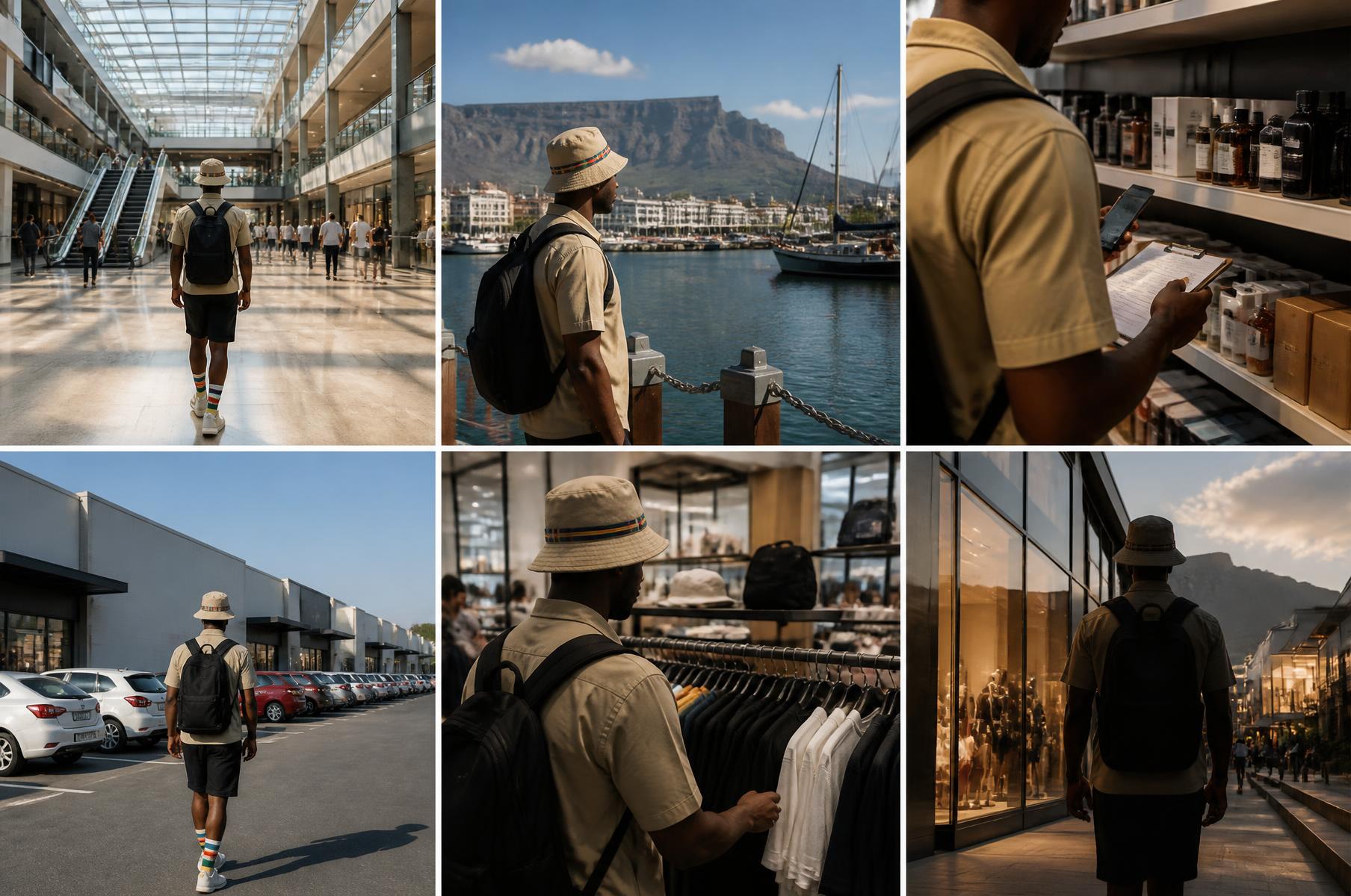 Collage of our Cape Town sourcing agent at work — walking a shopping centre, at the V&A Waterfront, comparing products with a clipboard and phone, and browsing clothing stores